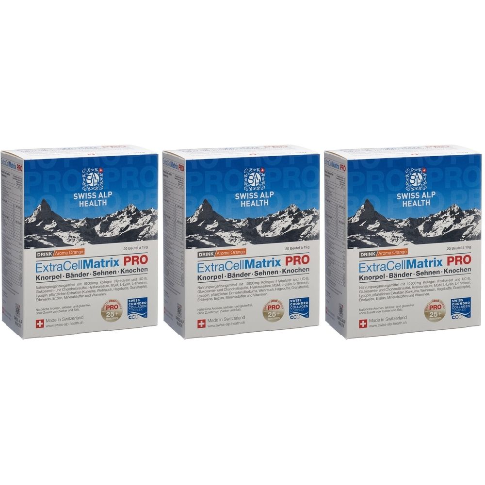 Drei Schachteln mit dem Produktnamen ExtraCellMatrix PRO. Auf jeder Schachtel ist das Logo Swiss Alp Health und ein Schweizer Kreuz abgebildet.