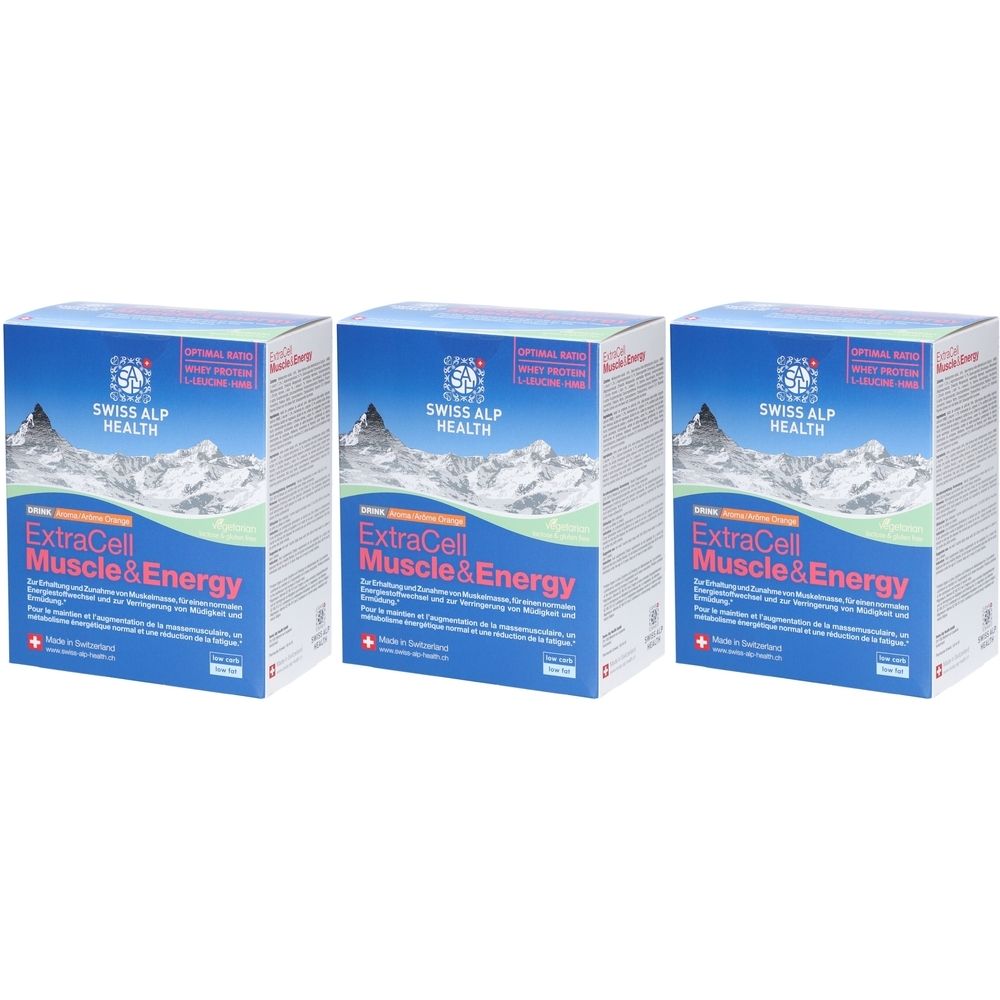 Drei blaue Kartons mit der Aufschrift "ExtraCell Muscle & Energy". Oben steht "Swiss Alp Health". Aufdrucke in mehreren Sprachen.