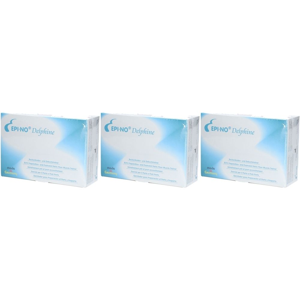 Trois boîtes emballées. L'emballage porte la mention "EPI-NO® Delphine". Emballage bleu et blanc avec informations.