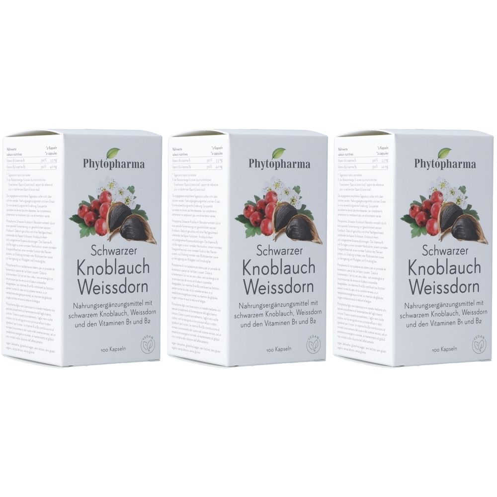 Drei Schachteln mit Produktaufdruck. Aufschrift: Schwarzer Knoblauch Weißdorn. Marke: Phytopharma. Abbildung von Knoblauch, Weißdorn und Beeren.