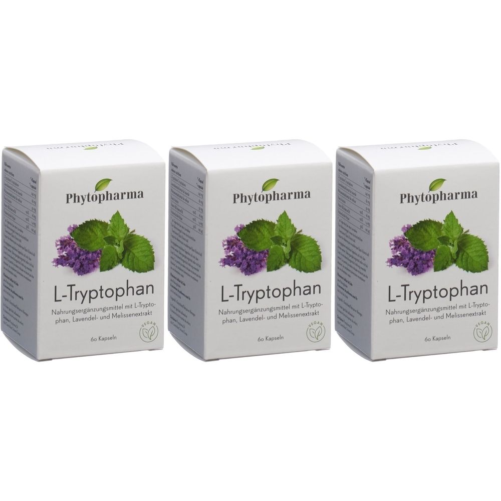 Drei weiße Schachteln mit dem Aufdruck "Phytopharma L-Tryptophan". Auf jeder Schachtel sind Kräuter abgebildet.