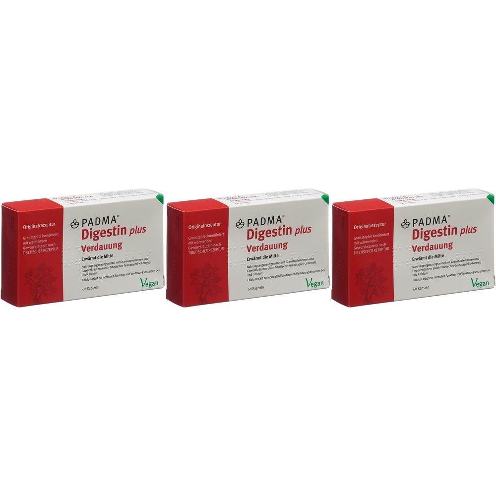 Trois boîtes rouges et blanches. Inscription: PADMA Digestin plus Digestion. Label Vegan.