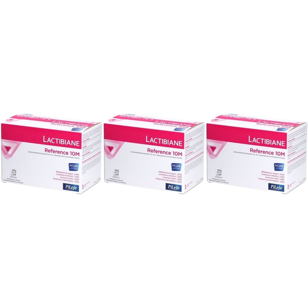 Drei Schachteln Lactibiane Referenz 10M. Weiße Verpackung mit pinkfarbenem Streifen und Text. Marke Pileje.