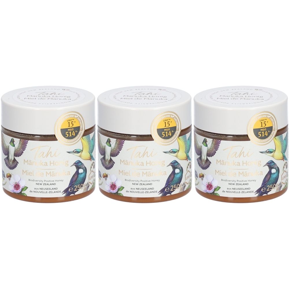 Drei Gläser Honig. Aufschrift: Tahi Manuka Honig, UMF 15+, MGO 514+. Mit Vogel- und Blumenmotiven.