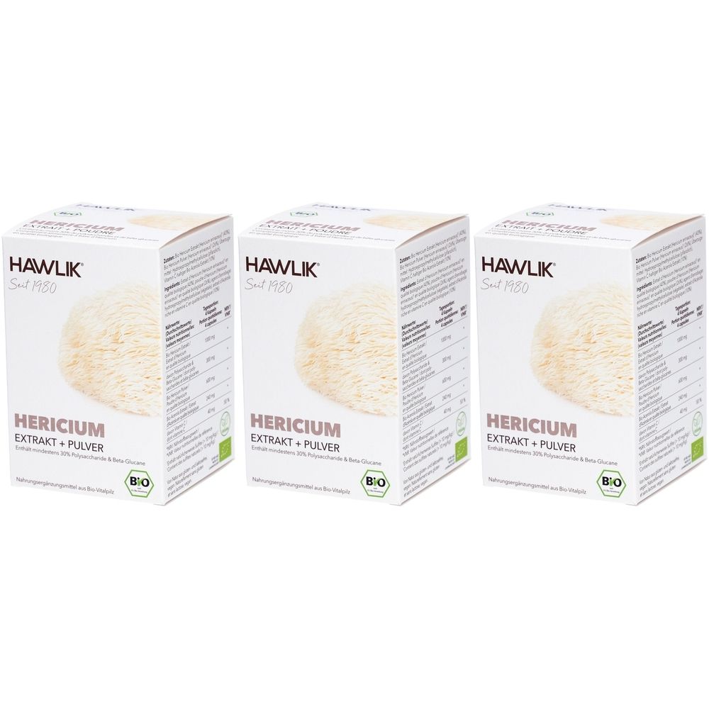 Drei Kartons mit dem Produkt HAWLIK Hericium Extrakt Pulver. Aufdruck: HAWLIK, Hericium Extrakt + Pulver, Bio-Siegel.