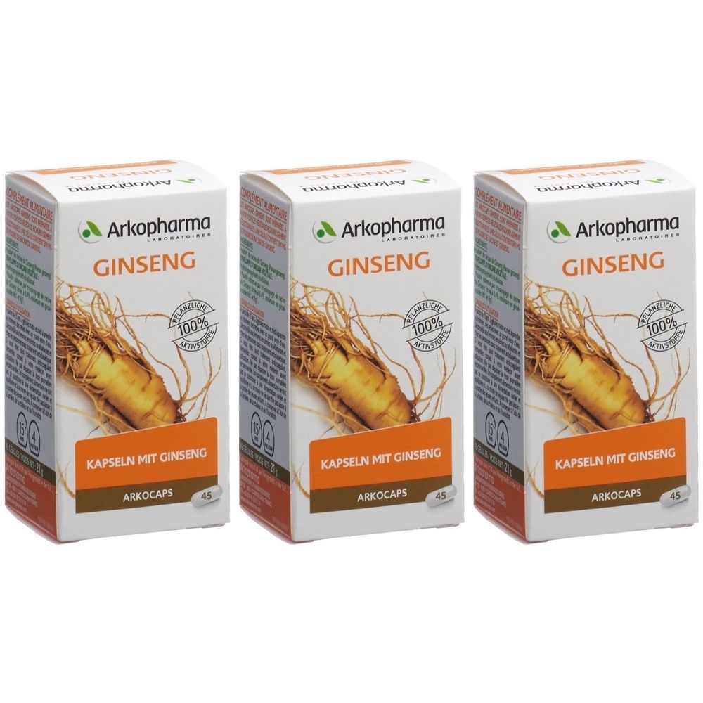 Drei Schachteln mit Ginseng-Kapseln. Auf jeder Schachtel steht "Arkopharma Ginseng" und "Kapseln mit Ginseng".