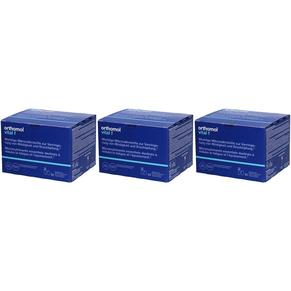 Drei blaue Kartons mit der Aufschrift "orthomol vital f". Text in Deutsch und Französisch. Mikronährstoffe für Frauen.