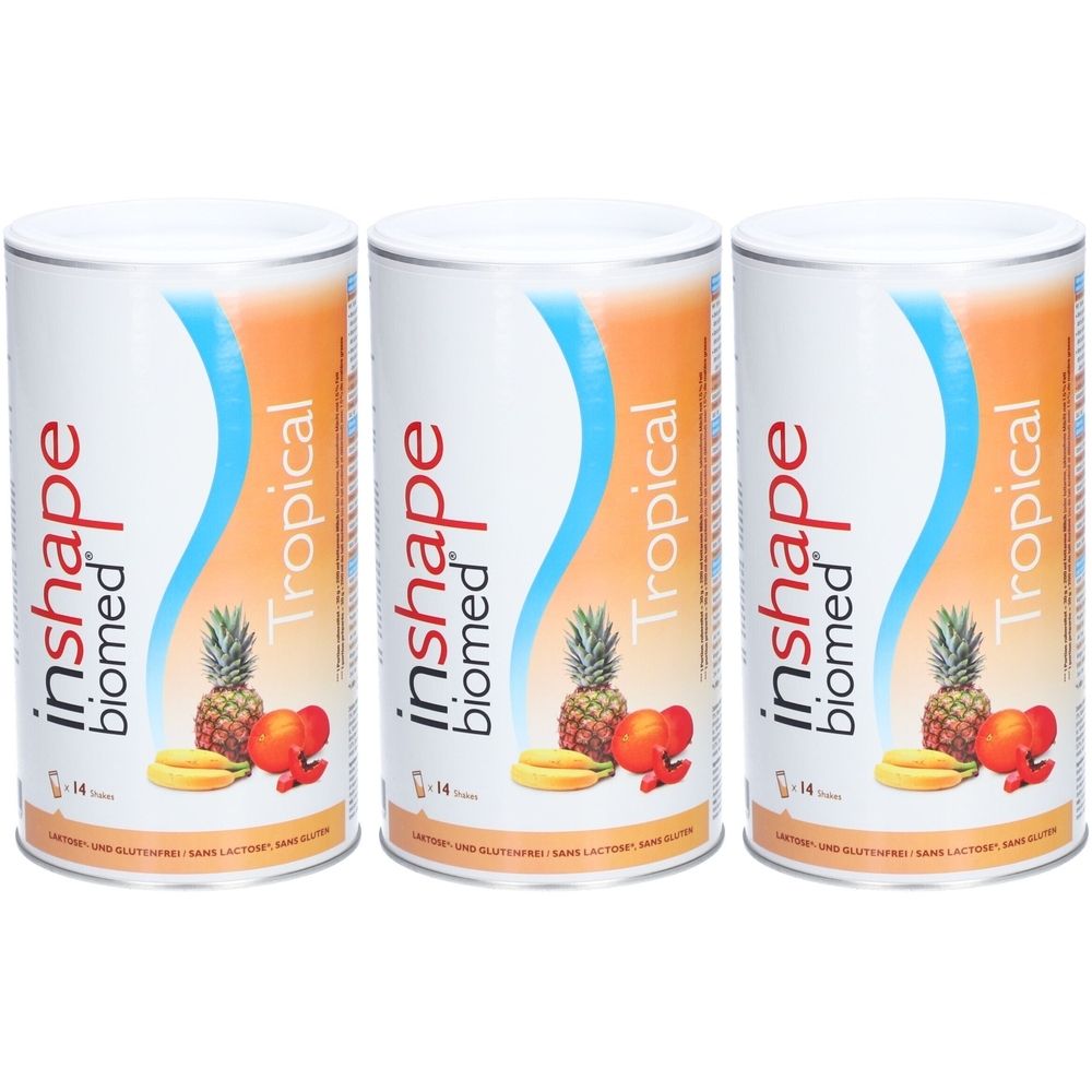 Drei Dosen mit "inshape biomed Tropical"-Etikett. Abbildung von Ananas, Banane und Orangen. Aufschrift: Ohne Gluten, ohne Laktose.