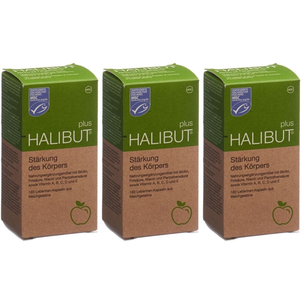 Drei Schachteln mit dem Produkt HALIBUT plus. Auf jeder Schachtel steht "Stärkung des Körpers". Oben links ist ein MSC-Siegel.