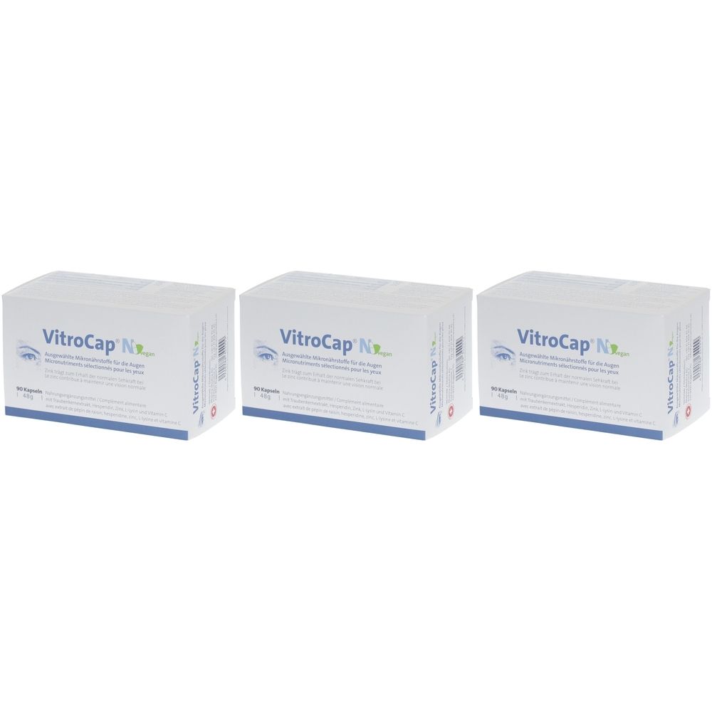 Drei weiße Kartons mit der Aufschrift "VitroCap N". Blaue und grüne Akzente. Aufschrift in deutscher Sprache.