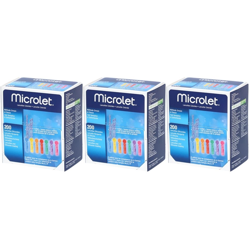 Drei Schachteln mit farbigen Lanzetten. Auf jeder Schachtel steht "Microlet" und "200". Die Lanzetten sind in verschiedenen Farben dargestellt.