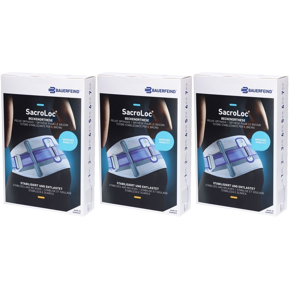 Drei Produktverpackungen der SacroLoc Beckenorthese. Aufdruck: BAUERFEIND, SacroLoc, Stabilisiert und entlastet.