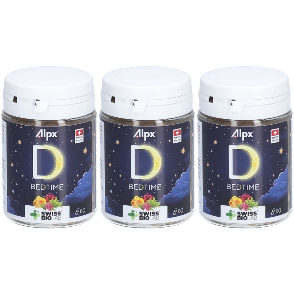 Drei Gläser mit weißem Deckel. Auf den Etiketten steht "Alpx Bedtime", ein Mond, Sterne und das Swiss Bio Lab Logo.