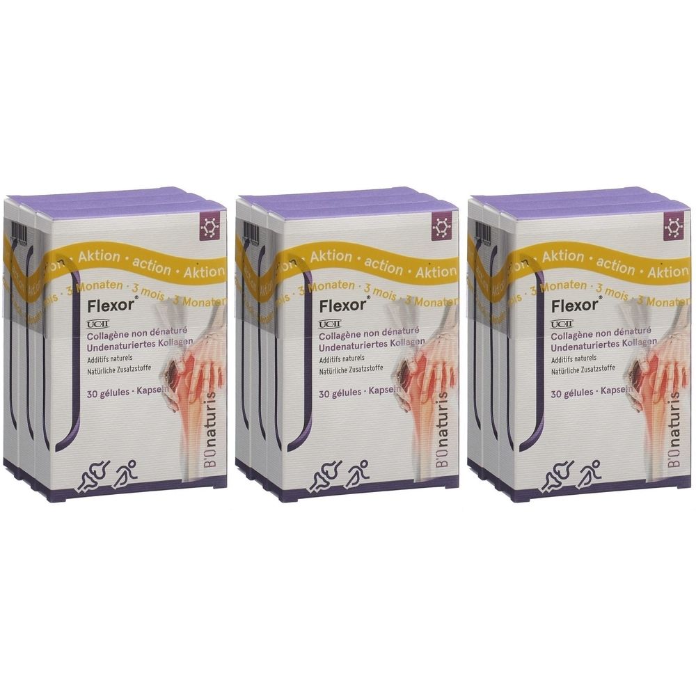 Drei Schachteln mit dem Produkt Flexor. Auf jeder Schachtel steht "Aktion". Die Schachteln sind weiß mit lila Deckel.