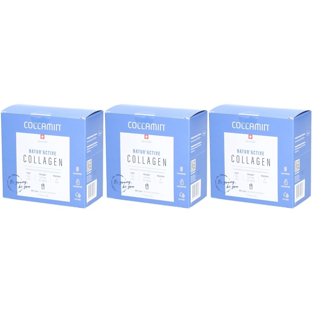 Drei blaue Kartons mit der Aufschrift COLLAMIN Natur'Active Collagen. Schweizer Kreuz und weitere Informationen auf der Vorderseite.