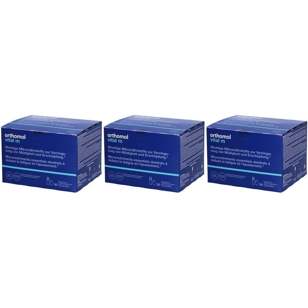 Drei blaue Kartons mit der Aufschrift "orthomol vital m". Text in Deutsch und Französisch.  Mikronährstoffe zur Verringerung von Müdigkeit.