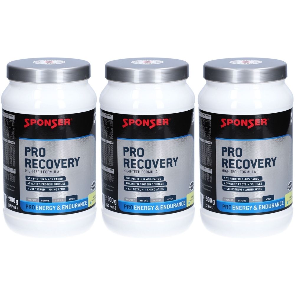 Drei weiße Dosen mit silbernen Deckeln. Auf jeder Dose steht "SPONSER PRO RECOVERY". Text: High-Tech Formula, 50% Protein & 40% Carbs.