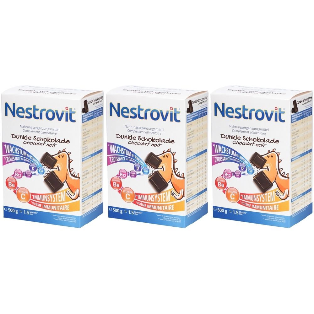 Drei Schachteln Nestrovit Dunkle Schokolade. Aufdrucke: Wachstum, Immunsystem, Vitamin C und B6. Illustration eines Dinosauriers.