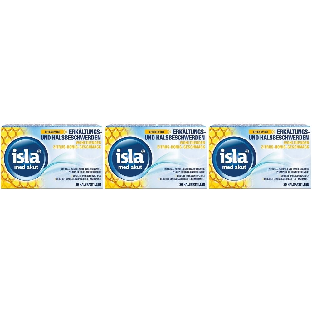 Drie verpakkingen "isla med akut" pastilles. Geel-blauwe verpakking met productnaam en tekst over verkoudheid en keelpijn.