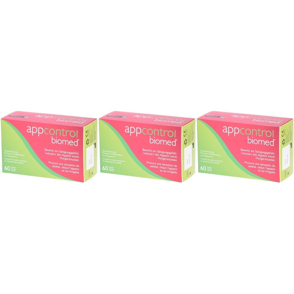 Drei Schachteln mit dem Aufdruck "appcontrol biomed". Jede Schachtel hat eine grüne und rosa Farbgebung und die Aufschrift "60".