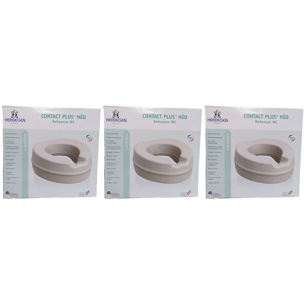 Drei WC-Sitzerhöhungen in Verpackung. Aufdruck: CONTACT PLUS NEO, Marke Herdegen. Beige WC-Sitz mit Erhöhung.