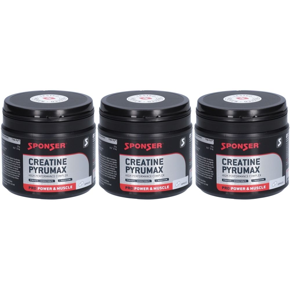 Drei schwarze Dosen mit Deckel. Auf der Vorderseite steht "SPONSER CREATINE PYRUMAX".