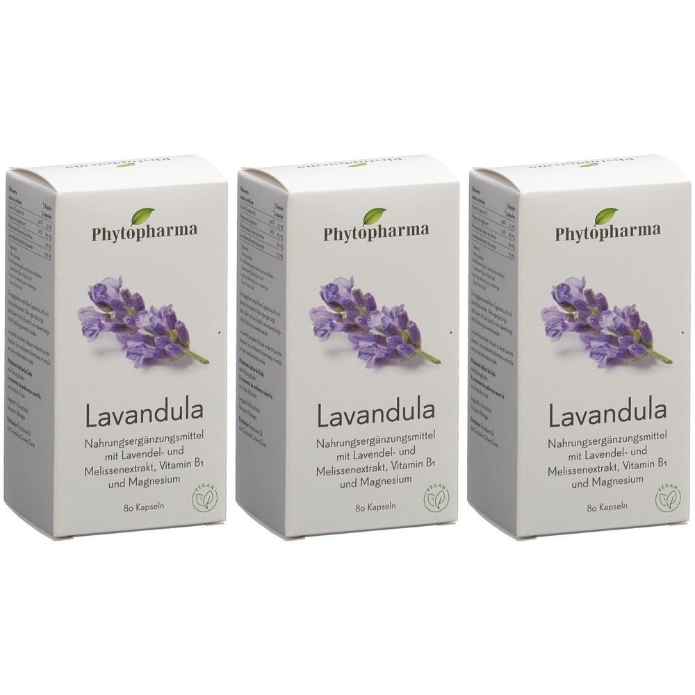 Drei Schachteln mit "Lavandula"-Nahrungsergänzungsmittel. Auf jeder Schachtel ist das Logo von Phytopharma und ein Lavendel-Bild abgebildet.