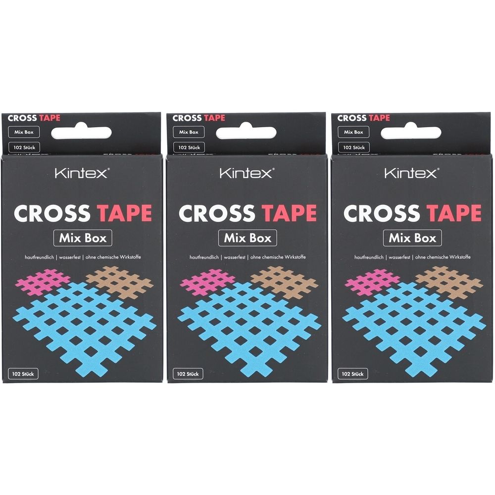 Drei Mix Boxen mit Kintex Cross Tape. Schwarze Verpackung mit Produktnamen und Gitterpflastern in Blau, Rosa und Braun.