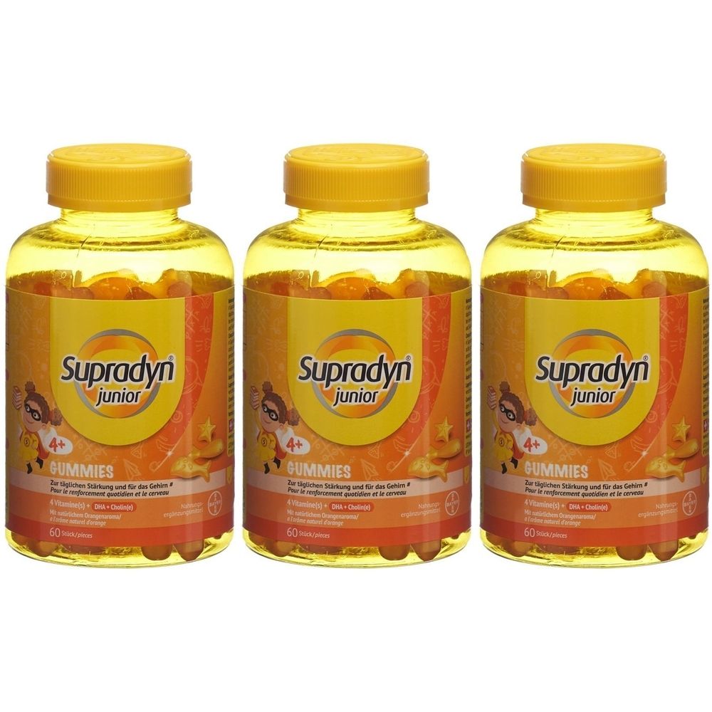 Drei Flaschen mit gelben Deckeln. Auf den Etiketten steht "Supradyn junior" und "Gummies". Die Flaschen enthalten orangefarbene Gummibärchen.