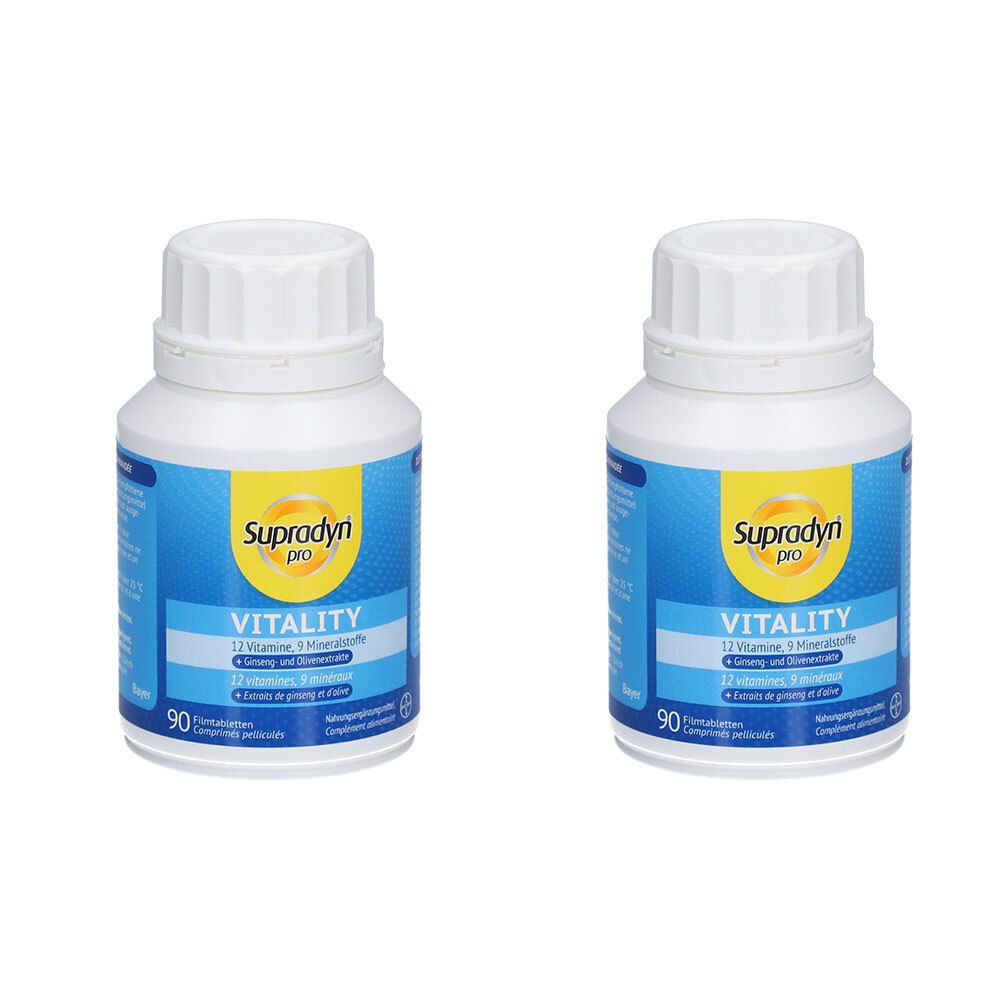 Deux flacons blancs avec des étiquettes bleues et jaunes. Les étiquettes indiquent "Supradyn pro VITALITY".