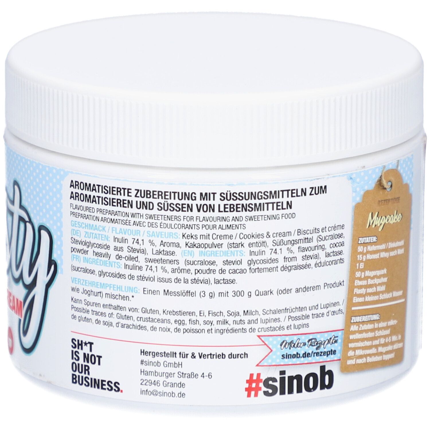 Rückseite des weißen Behälters. Text über aromatisierte Zubereitung. Logo #sinob. Text: SH*T IS NOT OUR BUSINESS.