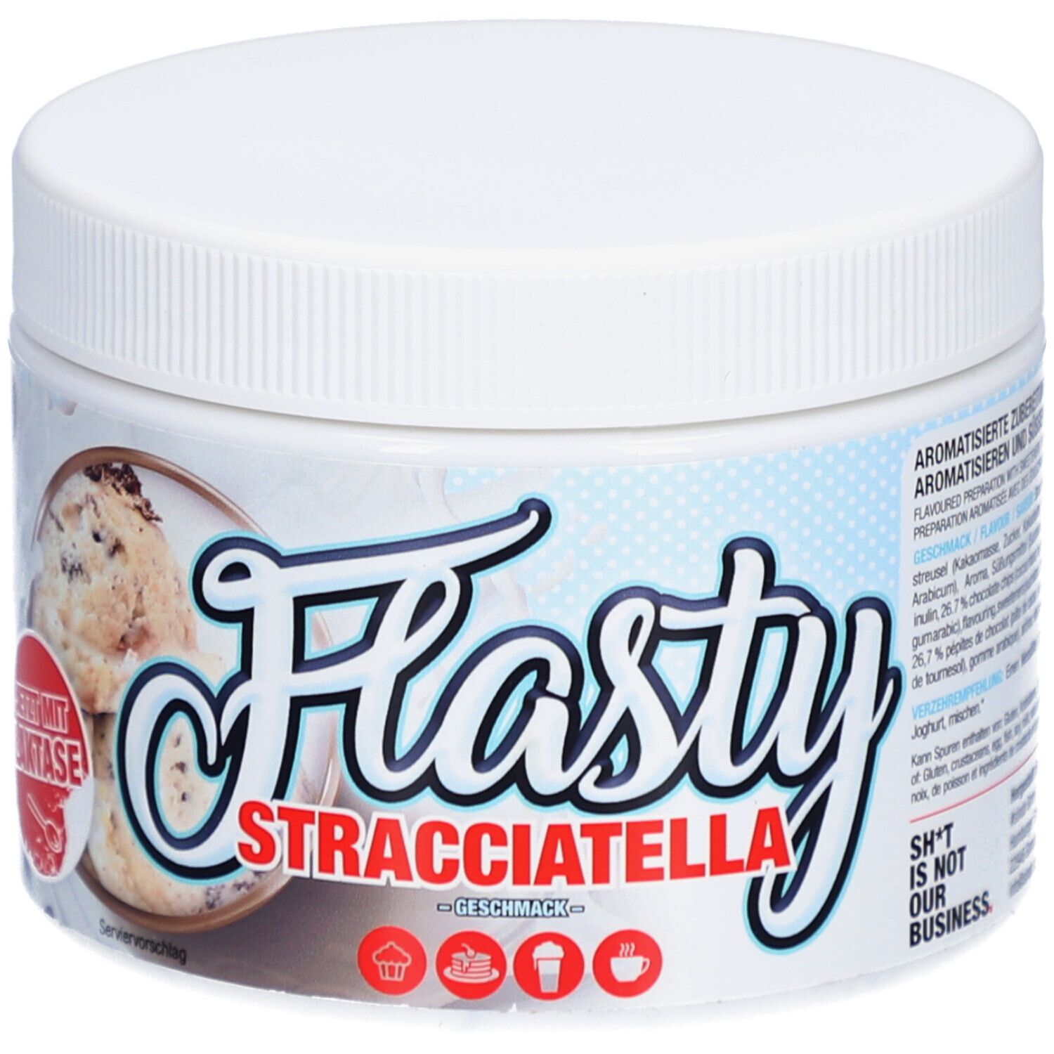 Pot blanc Flasty saveur Stracciatella. Inscription : "Flasty Stracciatella Geschmack". Image de glace.