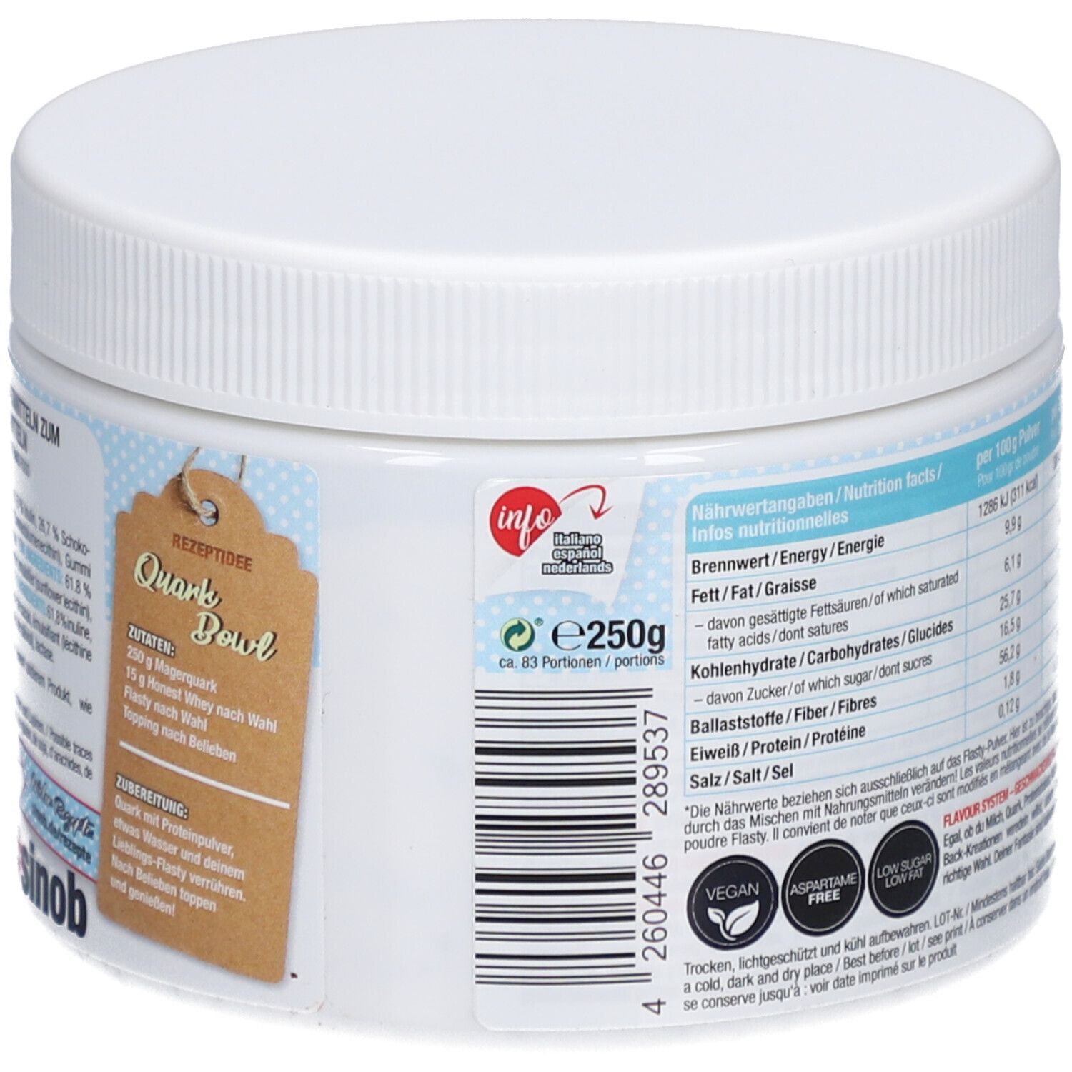 Pot blanc Flasty avec informations nutritionnelles et recette. Inscription : "e250g". Code-barres.