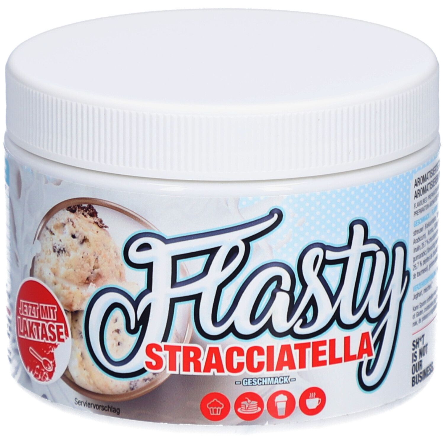 Pot blanc Flasty saveur Stracciatella. Inscription : "Flasty Stracciatella Geschmack". Autocollant rouge : "JETZT MIT LAKTASE!".