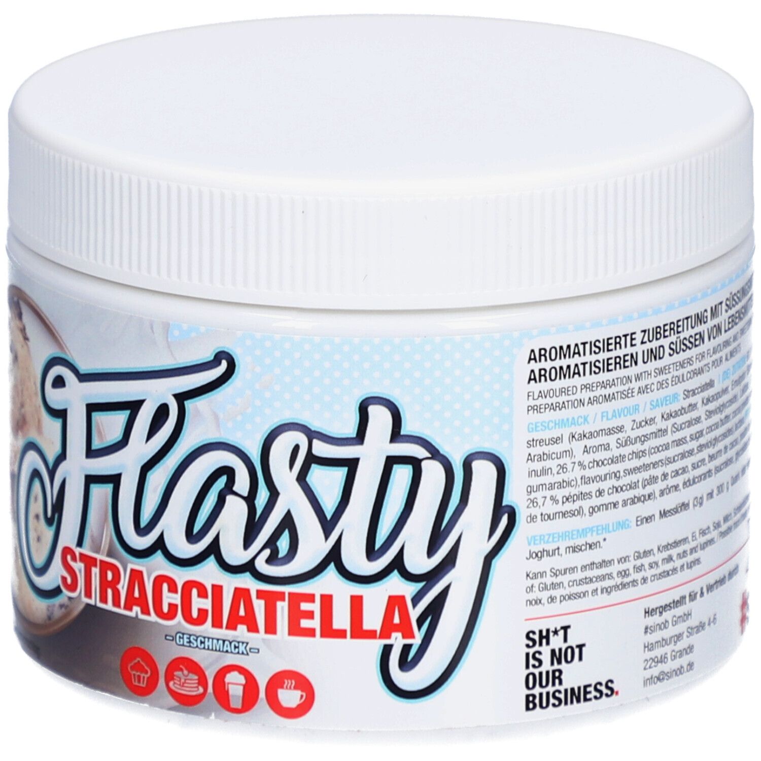 Pot blanc Flasty saveur Stracciatella. Inscription : "Flasty Stracciatella Geschmack". Images d'aliments.