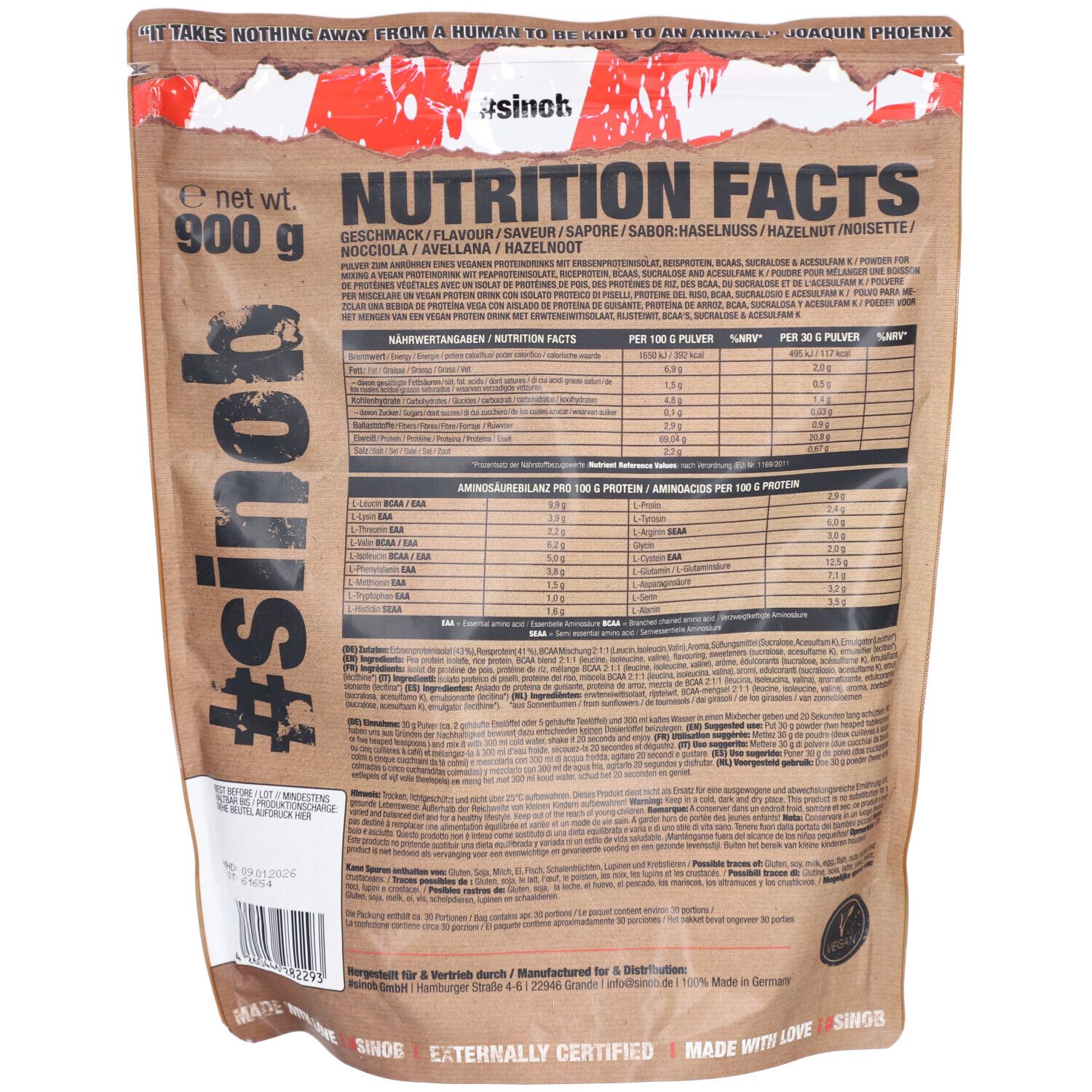 Dos du sachet brun. Texte : "NUTRITION FACTS", "900 g", informations nutritionnelles. "#sinob" et autres textes.