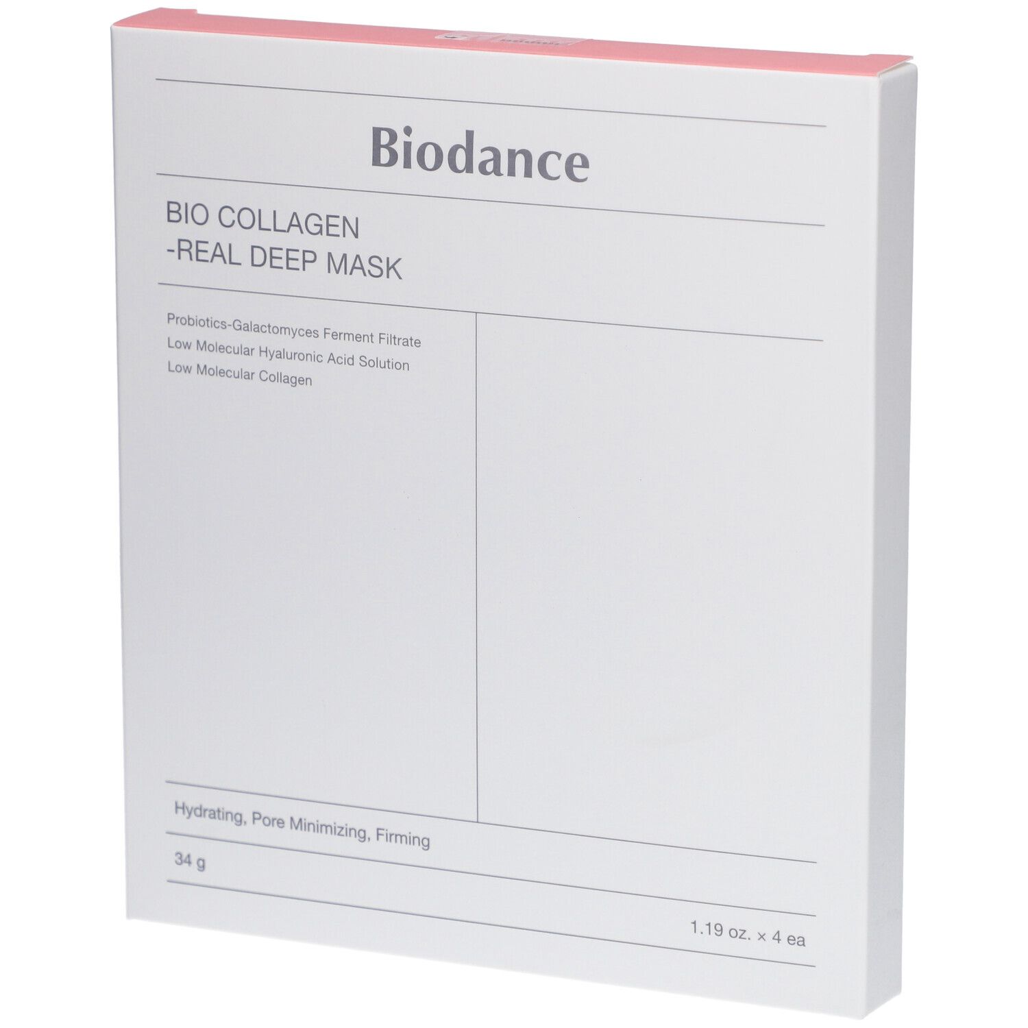 Weiße Verpackung mit rosa Akzenten. Aufschrift: Bio Collagen - Real Deep Mask. Angaben zu Inhaltsstoffen und Gewicht.