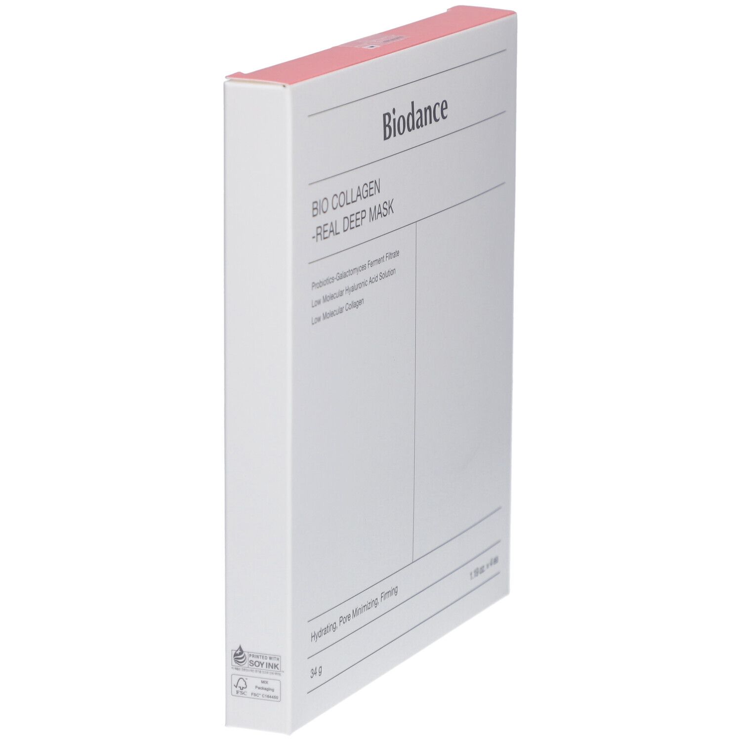 Weiße Verpackung, leicht schräg. Aufschrift: Bio Collagen - Real Deep Mask. Angaben zu Inhaltsstoffen und Gewicht.