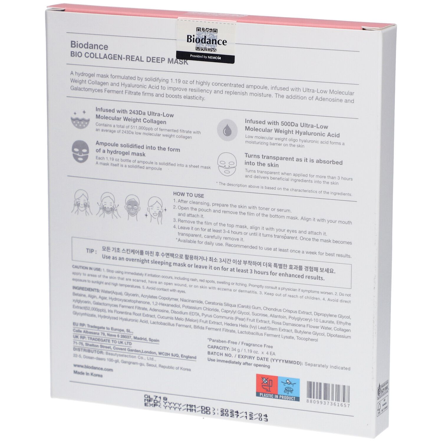 Rückseite der Verpackung. Text: Bio Collagen - Real Deep Mask. Inhaltsstoffe, Anwendungshinweise und Herstellerinformationen.