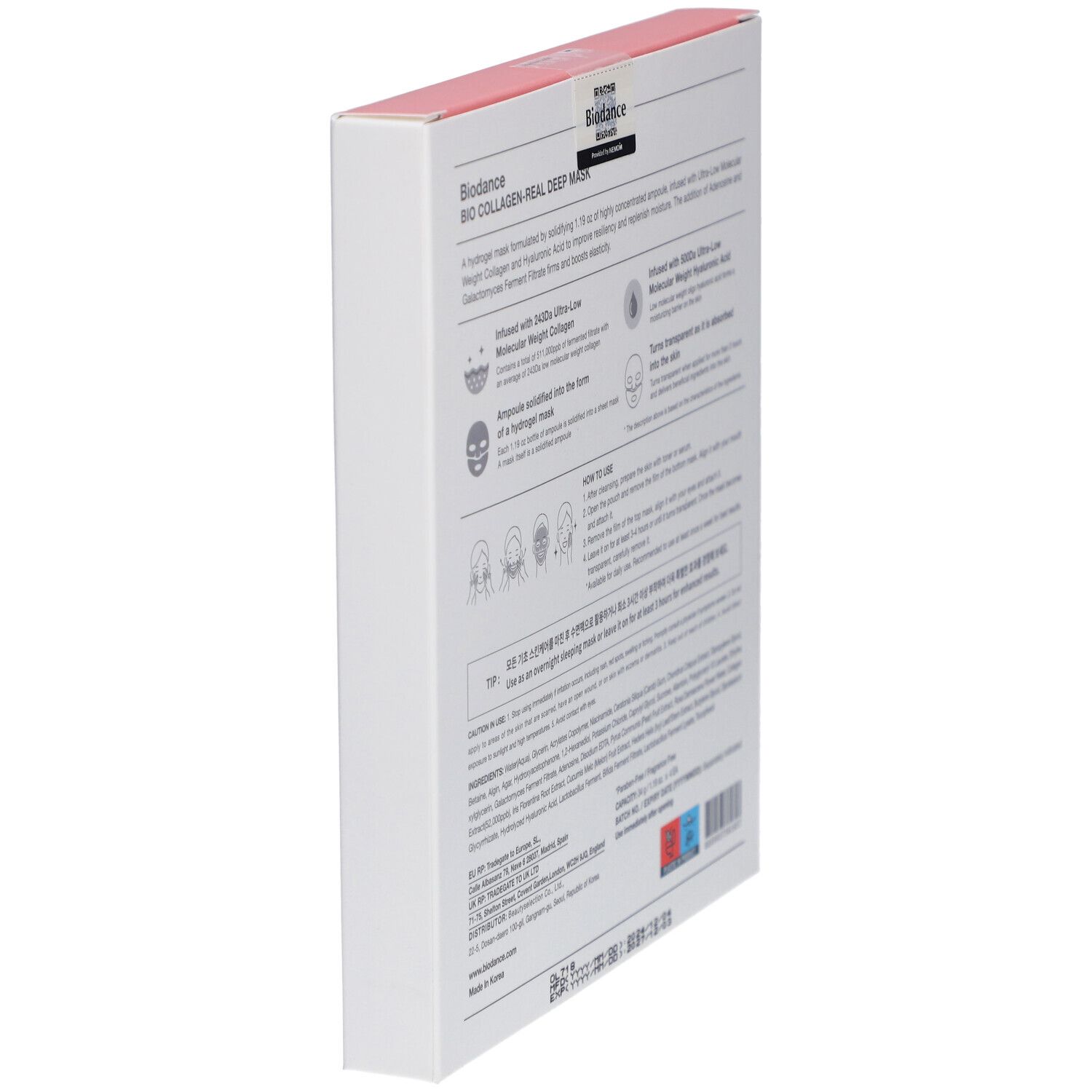 Verpackung, leicht schräg. Aufschrift: Bio Collagen - Real Deep Mask. Inhaltsstoffe, Anwendungshinweise und Herstellerinformationen.