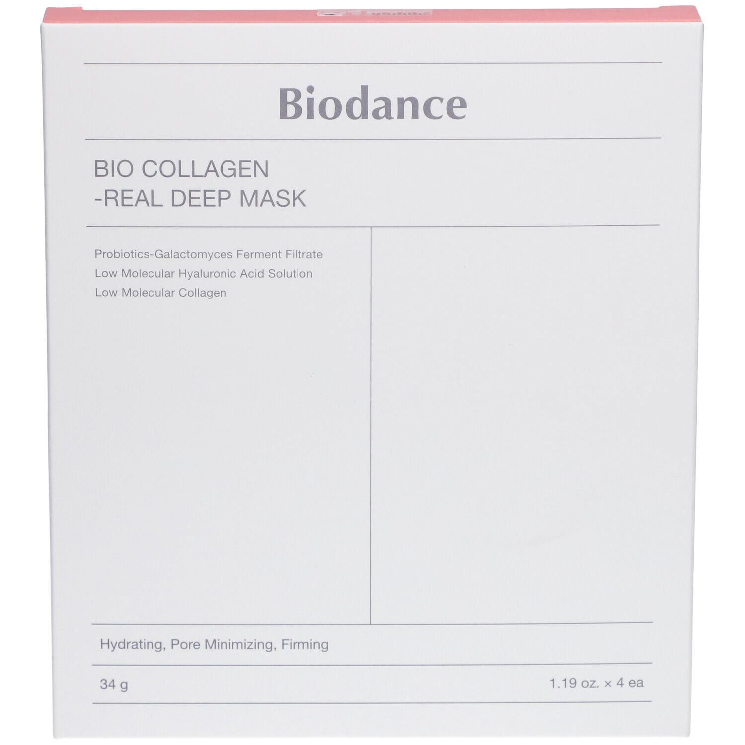 Weiße Verpackung mit rosa Akzenten. Aufschrift: Bio Collagen - Real Deep Mask. Angaben zu Inhaltsstoffen und Gewicht.