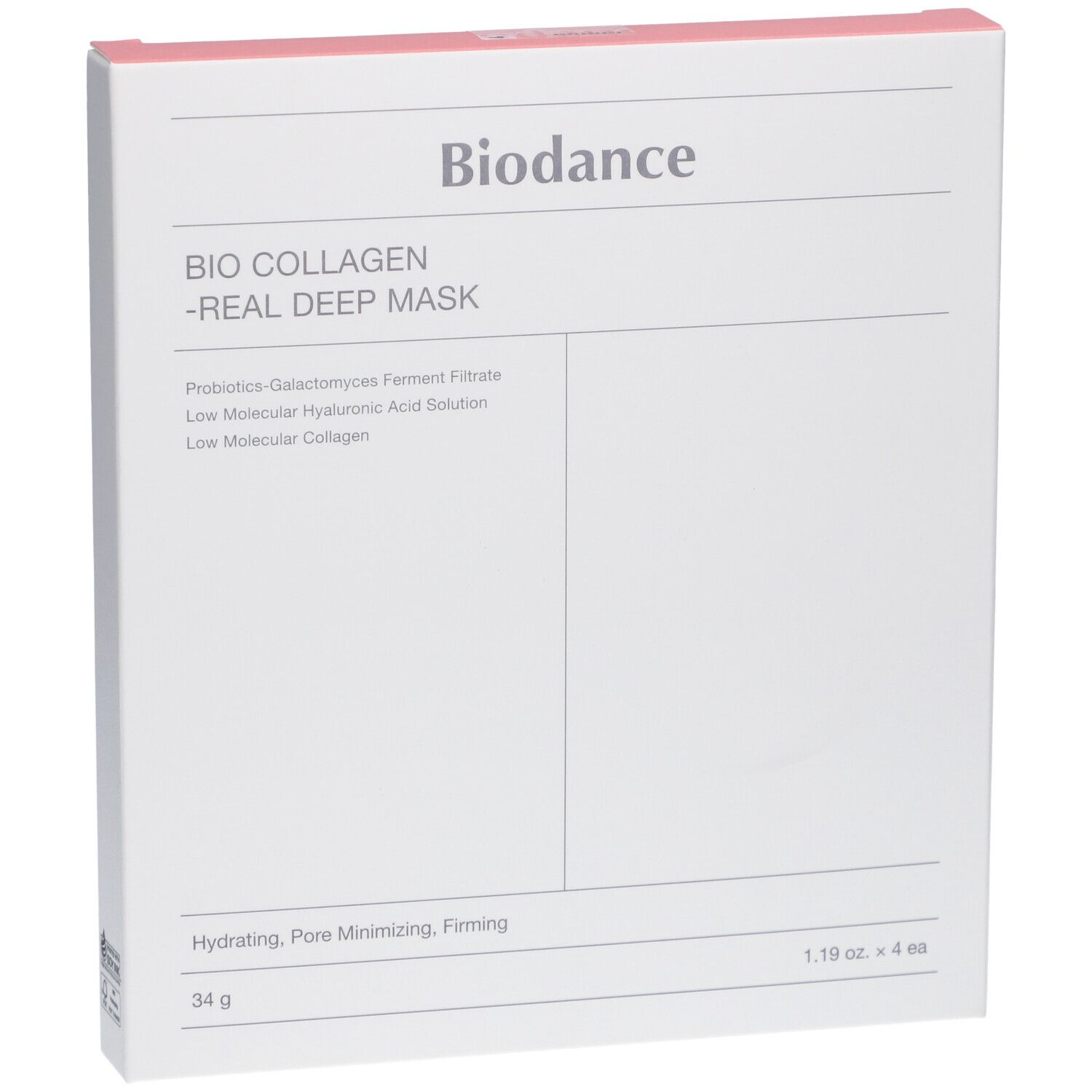 Weiße Verpackung mit rosa Akzenten. Aufschrift: Bio Collagen - Real Deep Mask. Angaben zu Inhaltsstoffen und Gewicht.