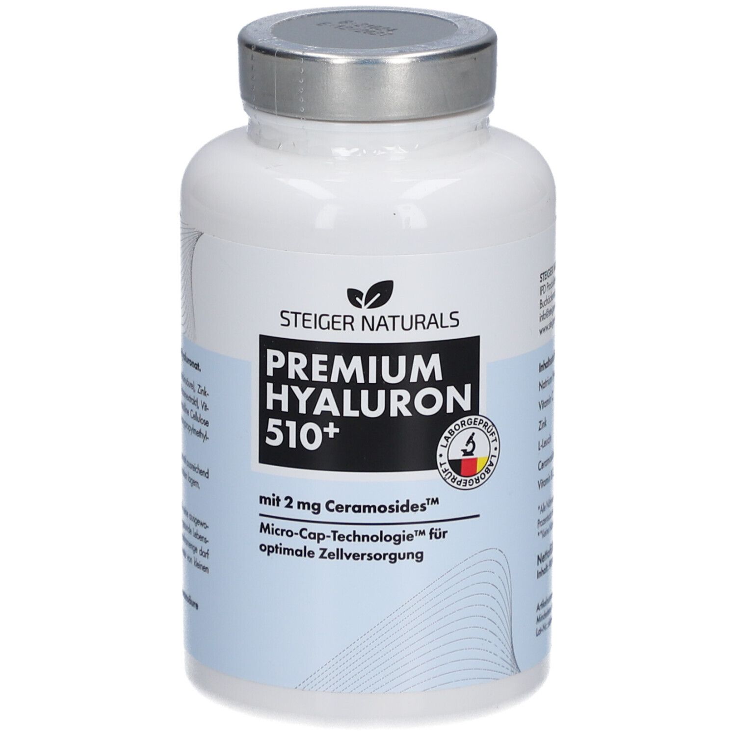 Weiße Flasche mit silbernem Deckel. Aufschrift: Steiger Naturals Premium Hyaluron 510+. Mit 2 mg Ceramosides. Micro-Cap-Technologie.