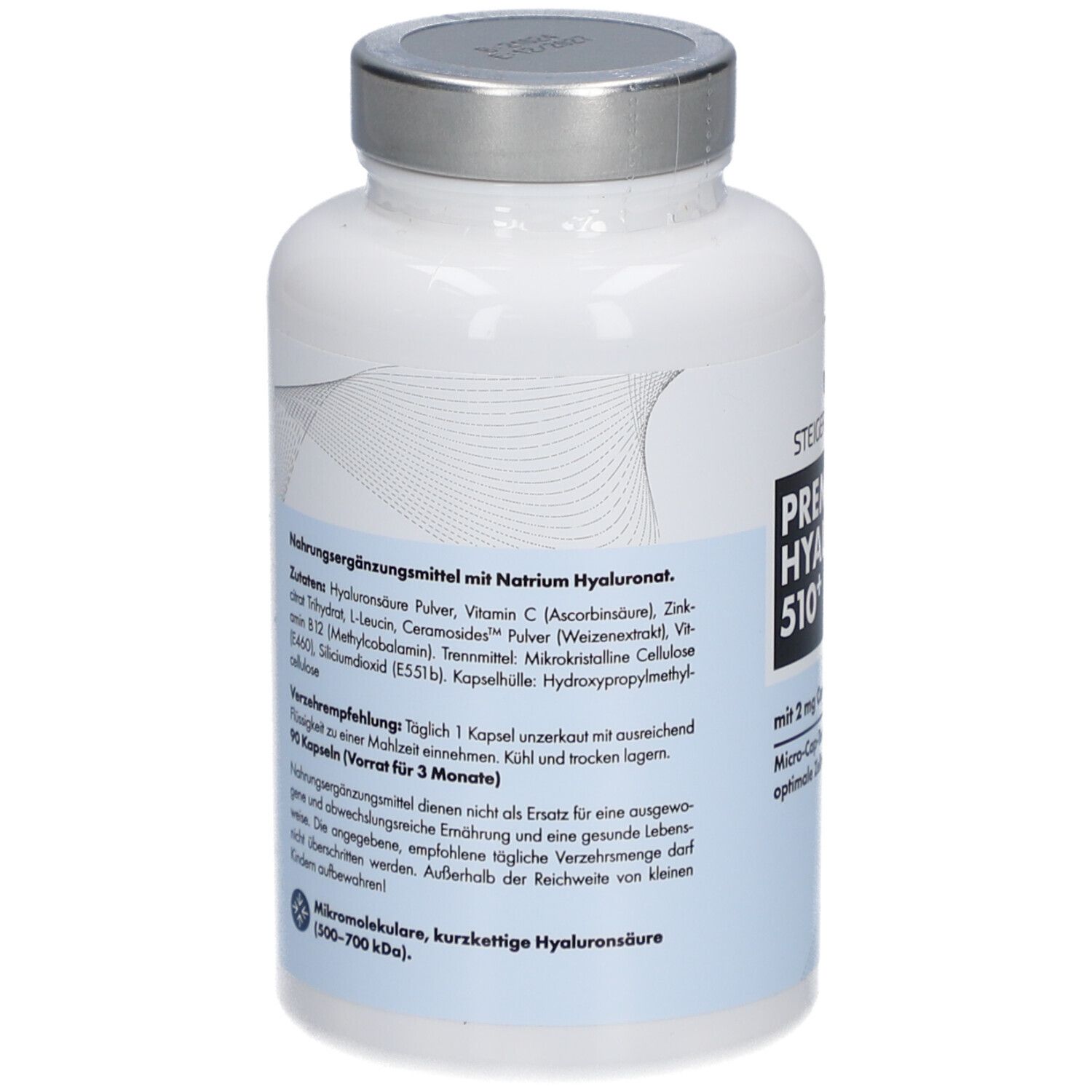 Rückseite der weißen Flasche. Text: Nahrungsergänzungsmittel mit Natriumhyaluronat. Verzehrempfehlung: 1 Kapsel täglich. 90 Kapseln.