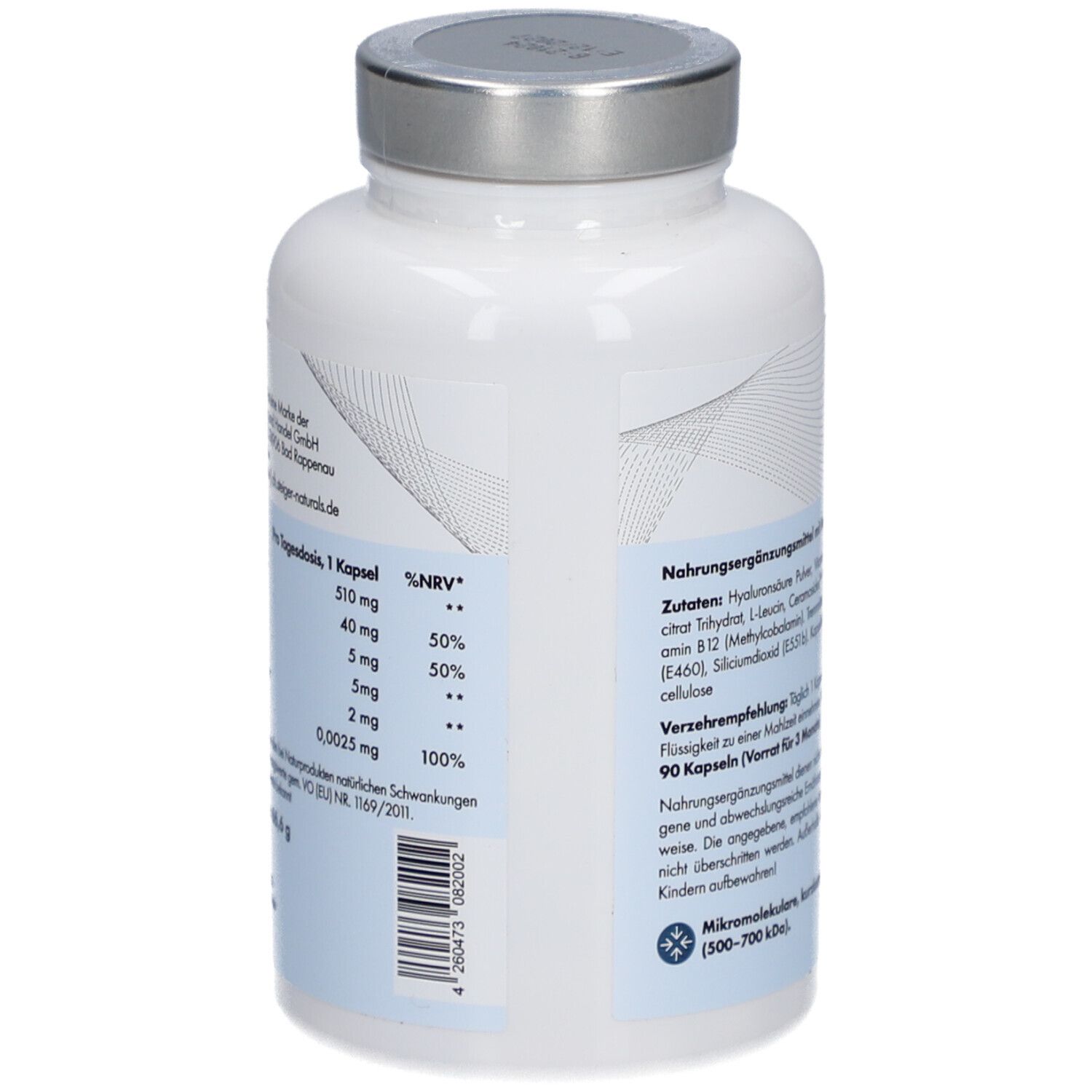 Rückseite der weißen Flasche. Text: Inhaltsstoffe, Nährwertangaben, Verzehrempfehlung. 90 Kapseln. Mikromolekulare, kurzkettige Hyaluronsäure.