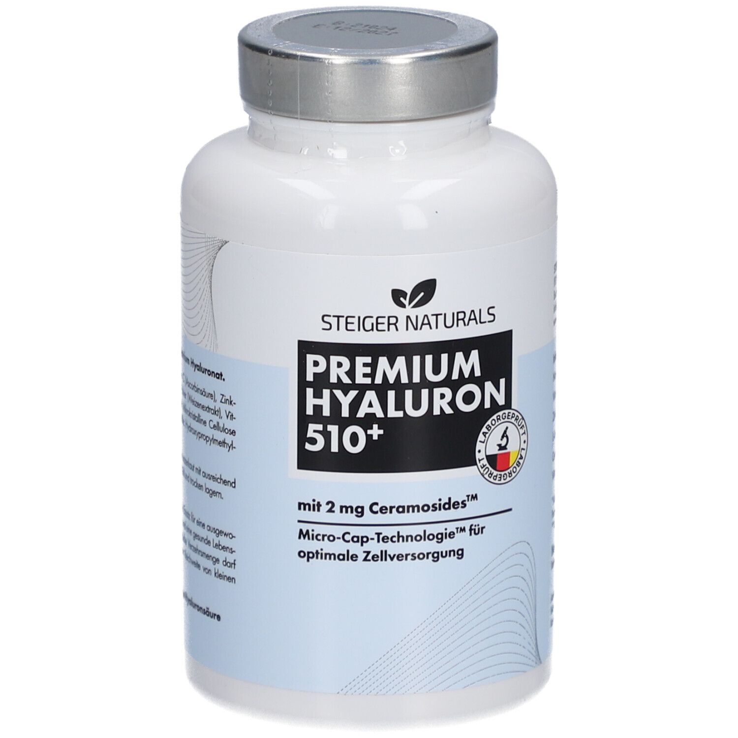 Weiße Flasche mit silbernem Deckel. Aufschrift: Steiger Naturals Premium Hyaluron 510+. Mit 2 mg Ceramosides. Micro-Cap-Technologie.