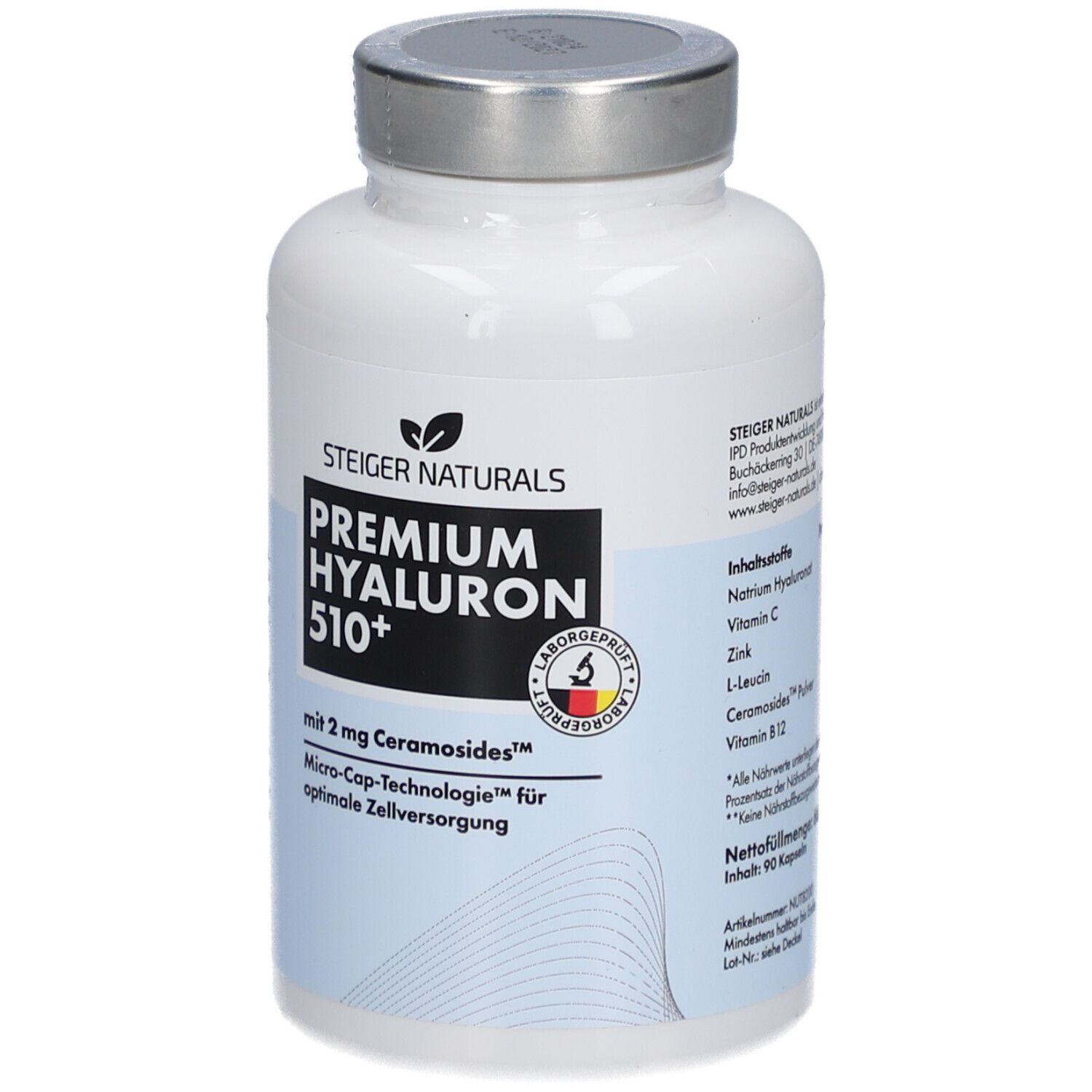 Weiße Flasche mit silbernem Deckel. Aufschrift: Steiger Naturals Premium Hyaluron 510+. Mit 2 mg Ceramosides. Micro-Cap-Technologie.