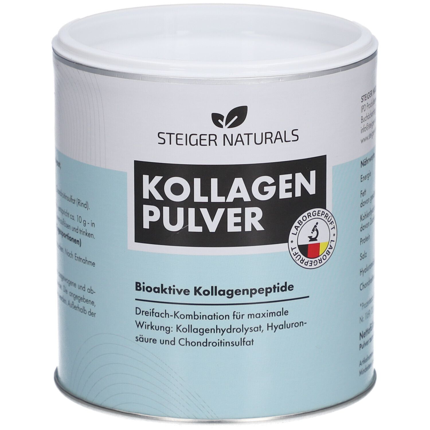 Zylinderdose mit Steiger Naturals Kollagenpulver. Weißer Deckel, hellblaue Basis, schwarze Schrift. Laborgeprüft.