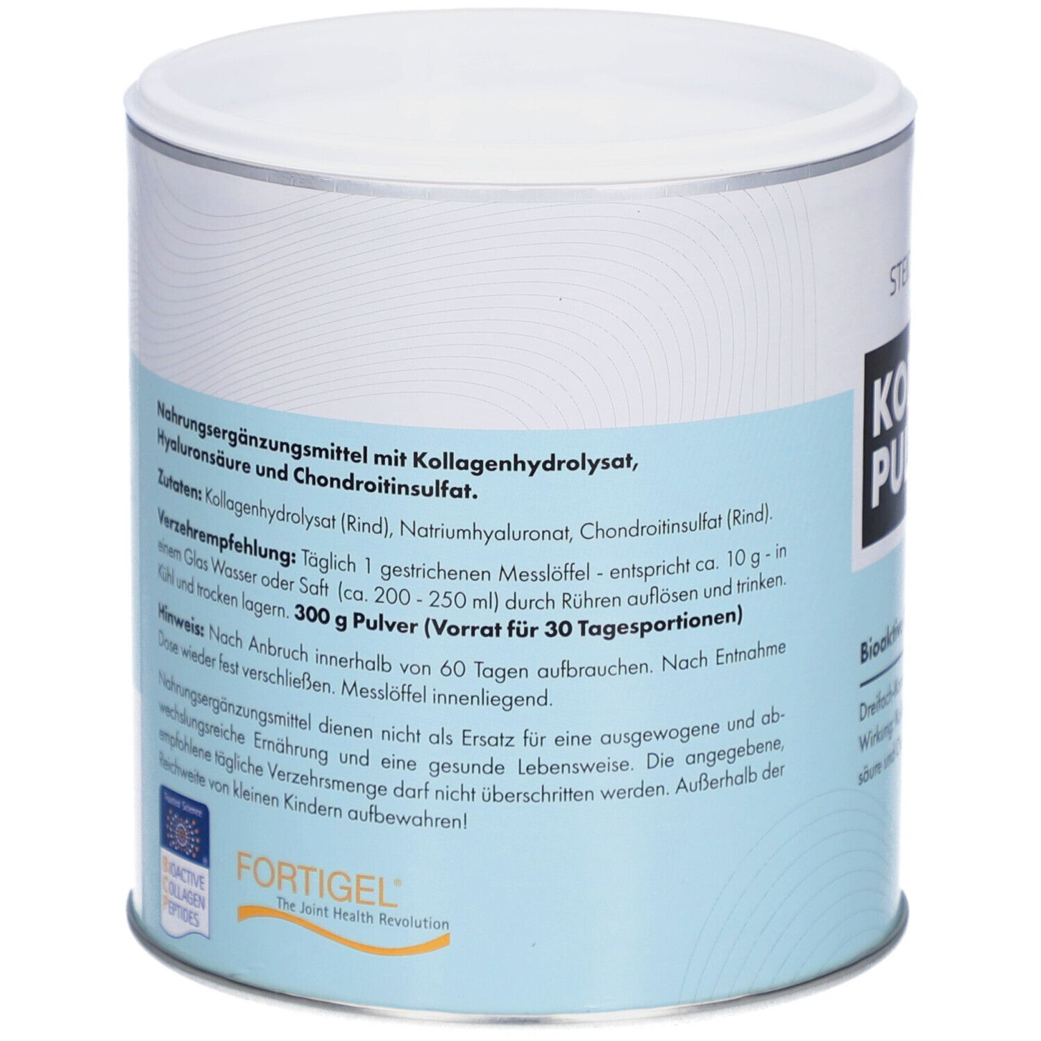 Rückseite der Dose mit Informationen zu Inhaltsstoffen und Verzehrempfehlung. Enthält Kollagenhydrolysat, Hyaluronsäure und Chondroitinsulfat.
