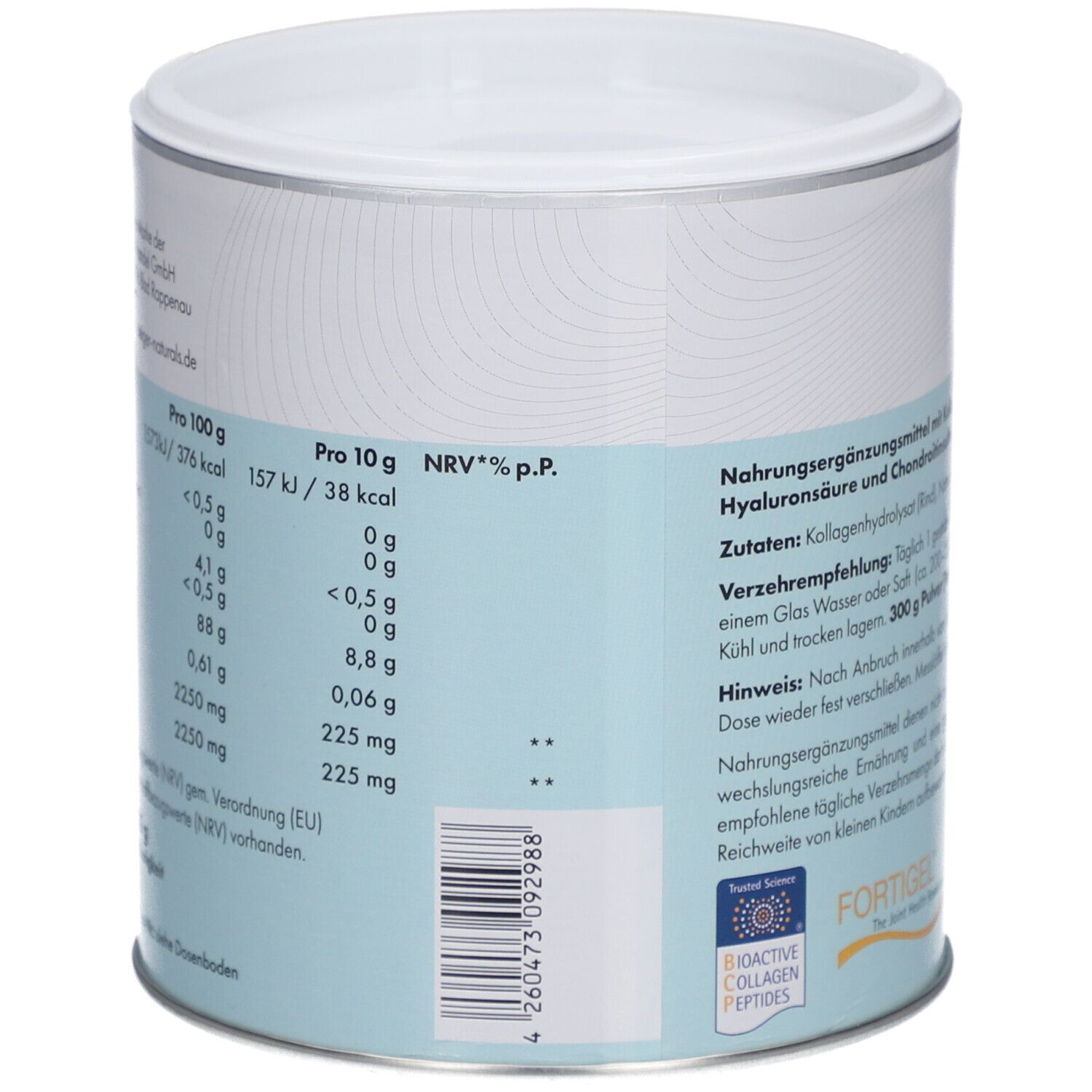 Nährwerttabelle auf der Dose. Angaben pro 100g und 10g. Enthält Energie, Fett, Kohlenhydrate, Eiweiß, Salz, Hyaluronsäure und Chondroitinsulfat.